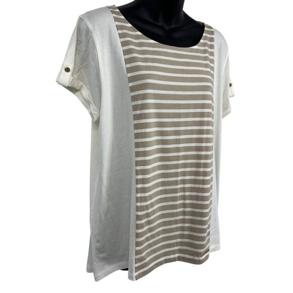 Anne Klein Women Blouse Top XL Stripe White Tan Khaki Short Sleeve Scoop New - Picture 3 of 9